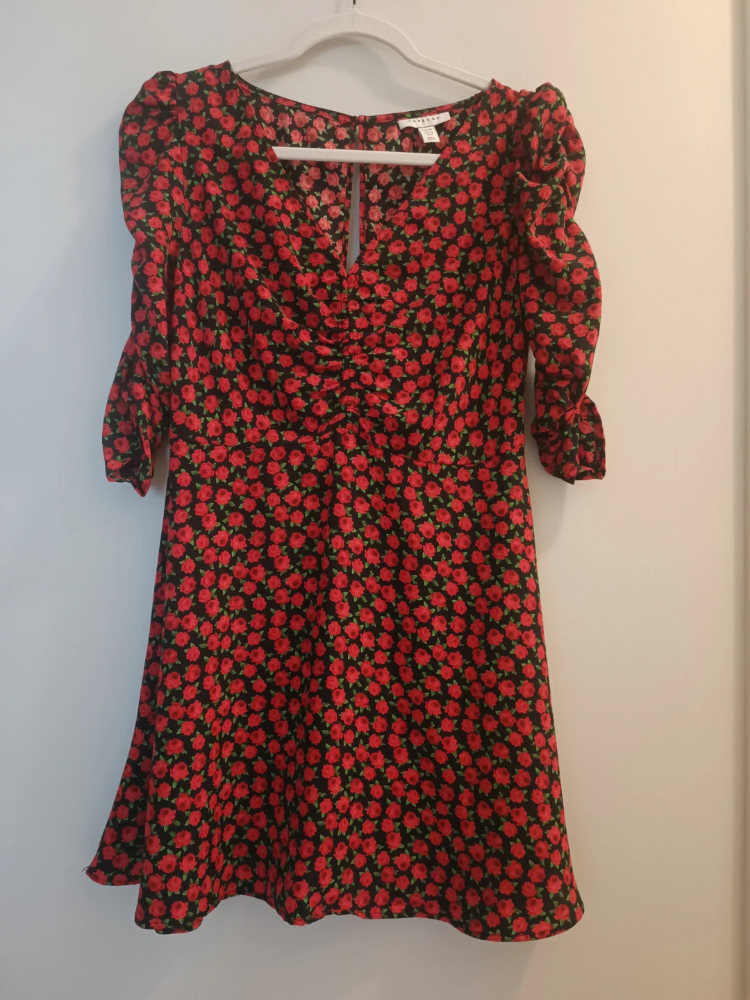 Topshop Petite Black Red Floral Puff Sleeve Dress Size US 6