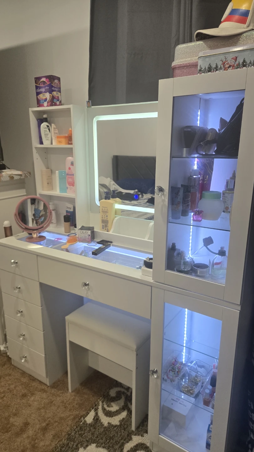 White Vanity Set with Lighted Mirror and Stool