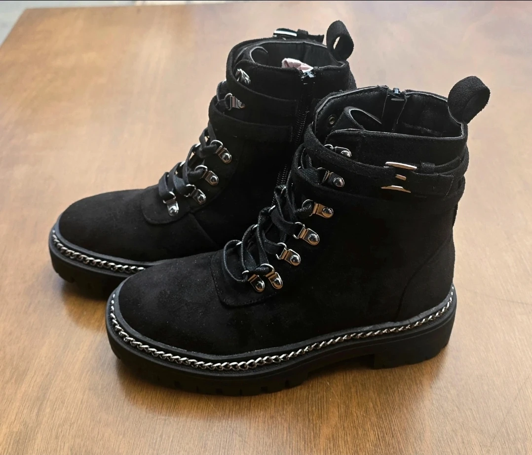 Black Suede Chain Detail Combat Boots - photo 3