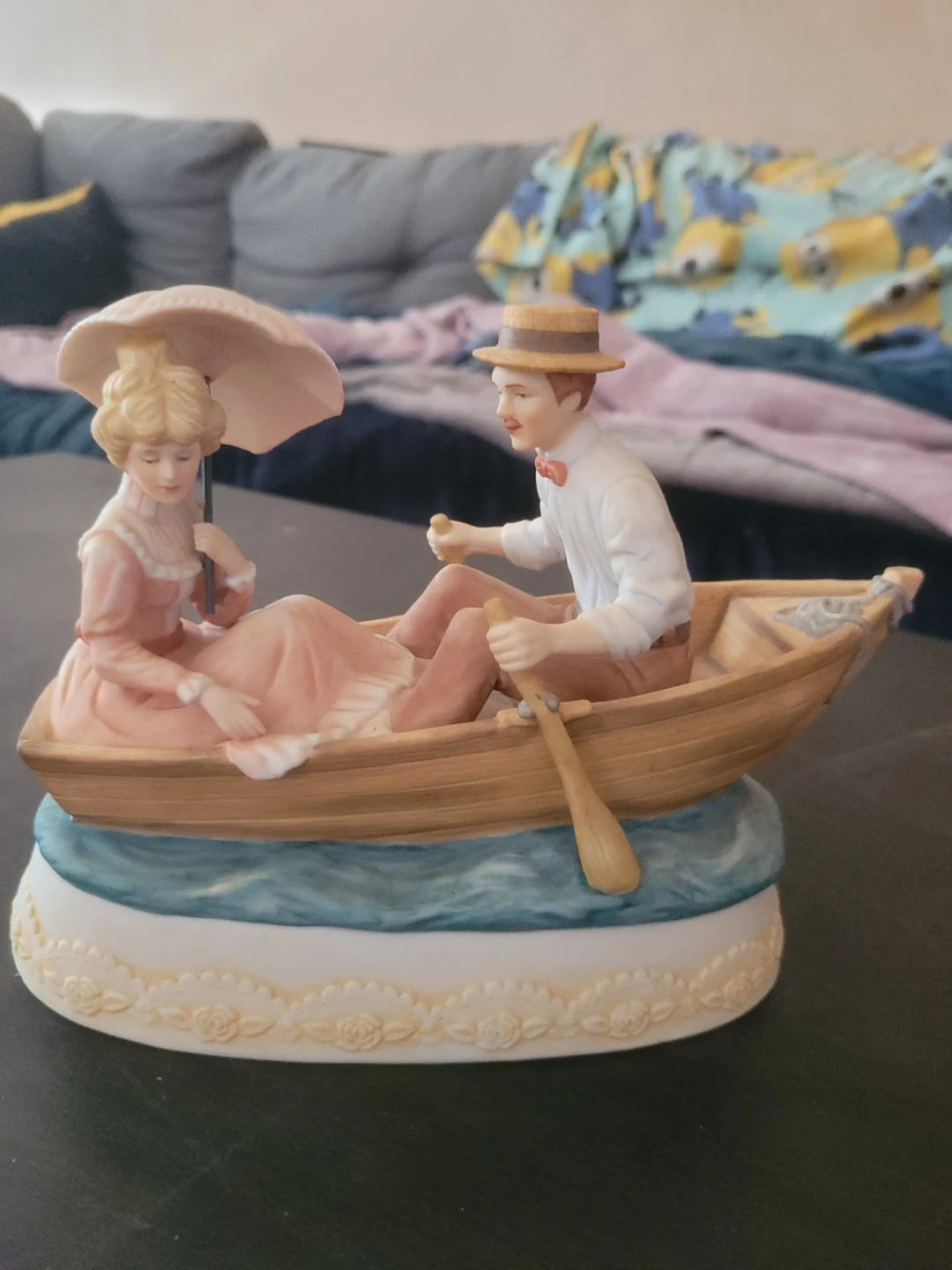 Musical Figurines - Couple on Ice and Boat Scene - photo 2