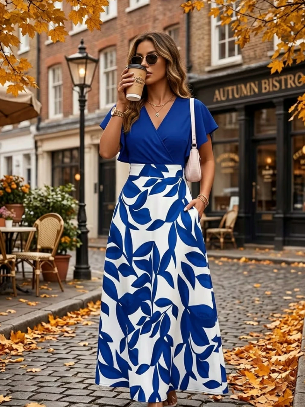 Blue and White Leaf Print Maxi Dress