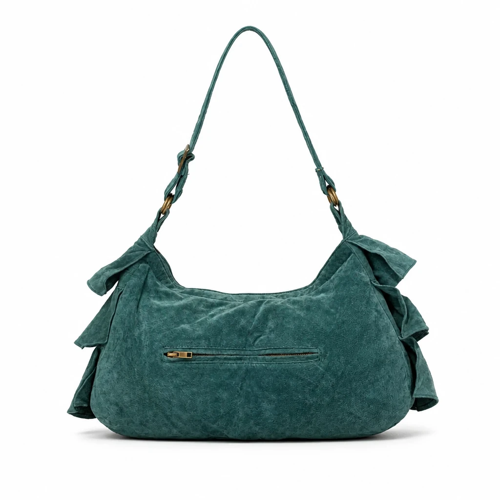 Mint Vintage 1990's Suzy B Hobo Bag Teal Suede Ruffles