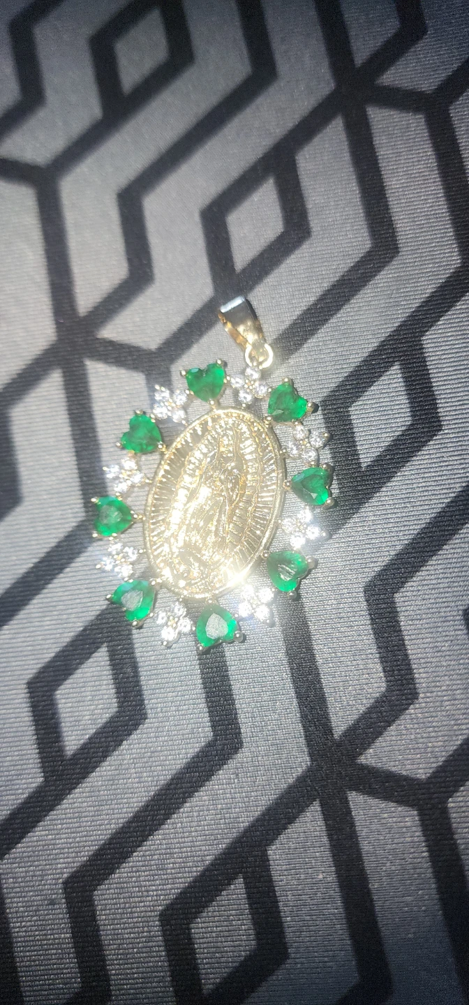 Gold platted Virgin Mary Pendant with Green and White Stones - photo 2