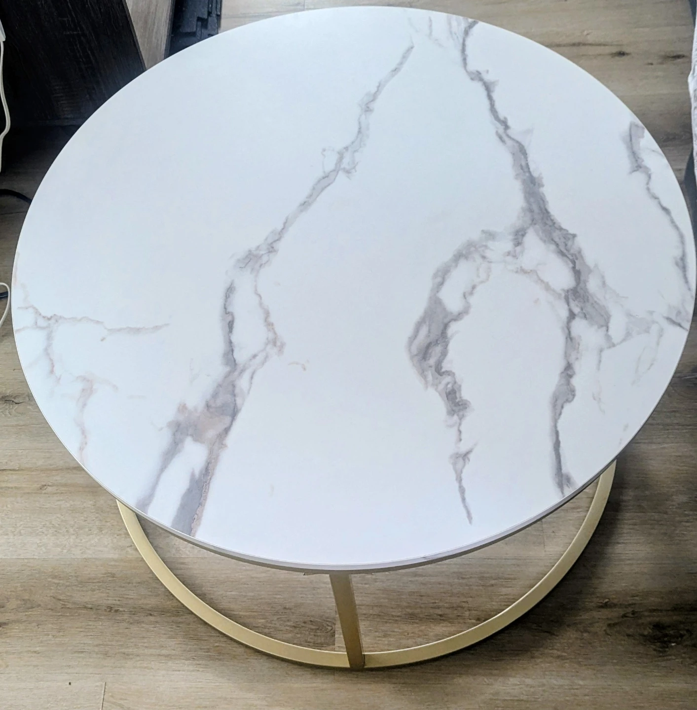 Round Faux Marble Coffee Table with Gold Base