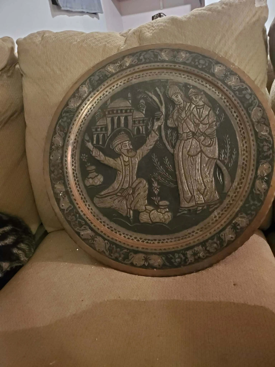Persian Ghalamzani copper tinned decorative plate