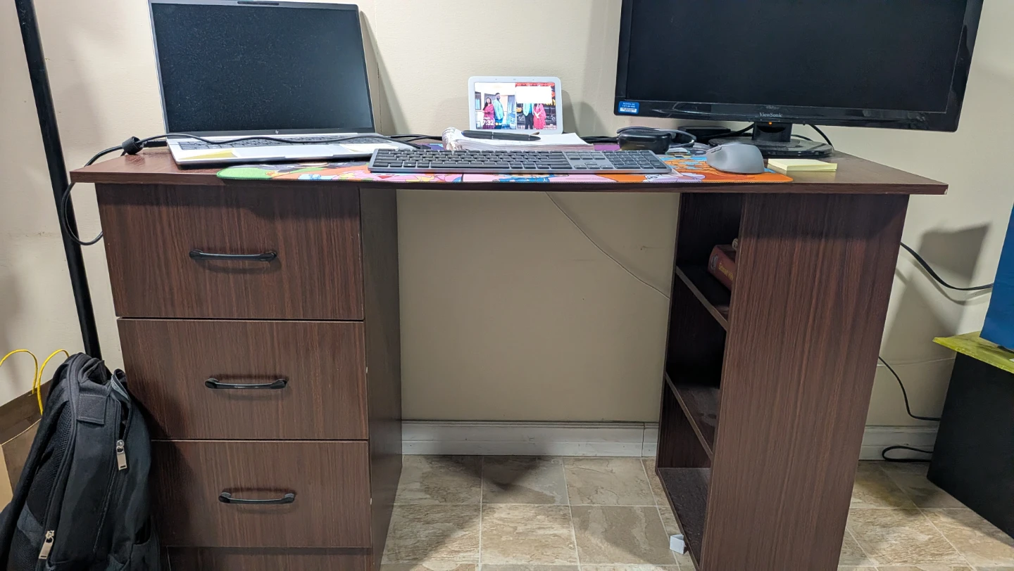 Dark Brown Desk with Drawers and Shelving