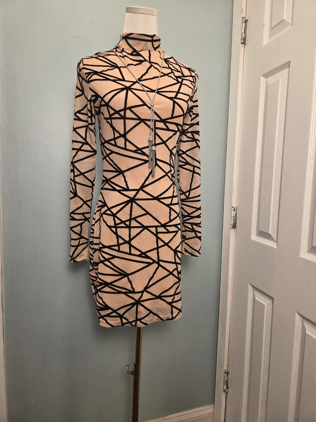 Sheer Mesh Geometric Print Mock Neck Mini Dress