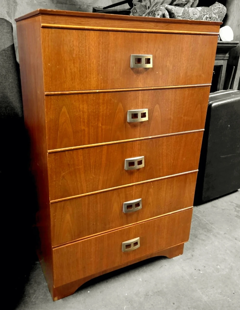 MCM Walnut 5 Drawer Tallboy Dresser With Brass Pull Handles - photo 2