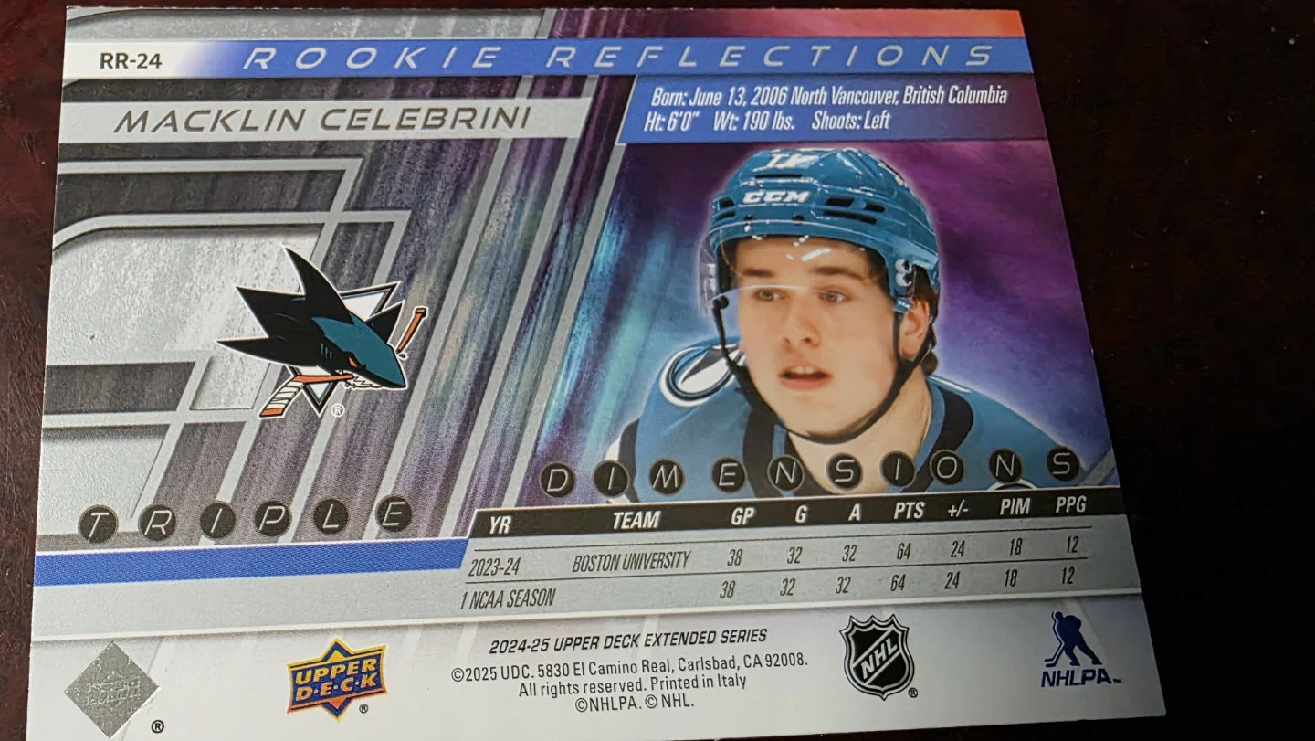 Upper Deck Macklin Celebrini Rookie Reflections Hockey Card - photo 2