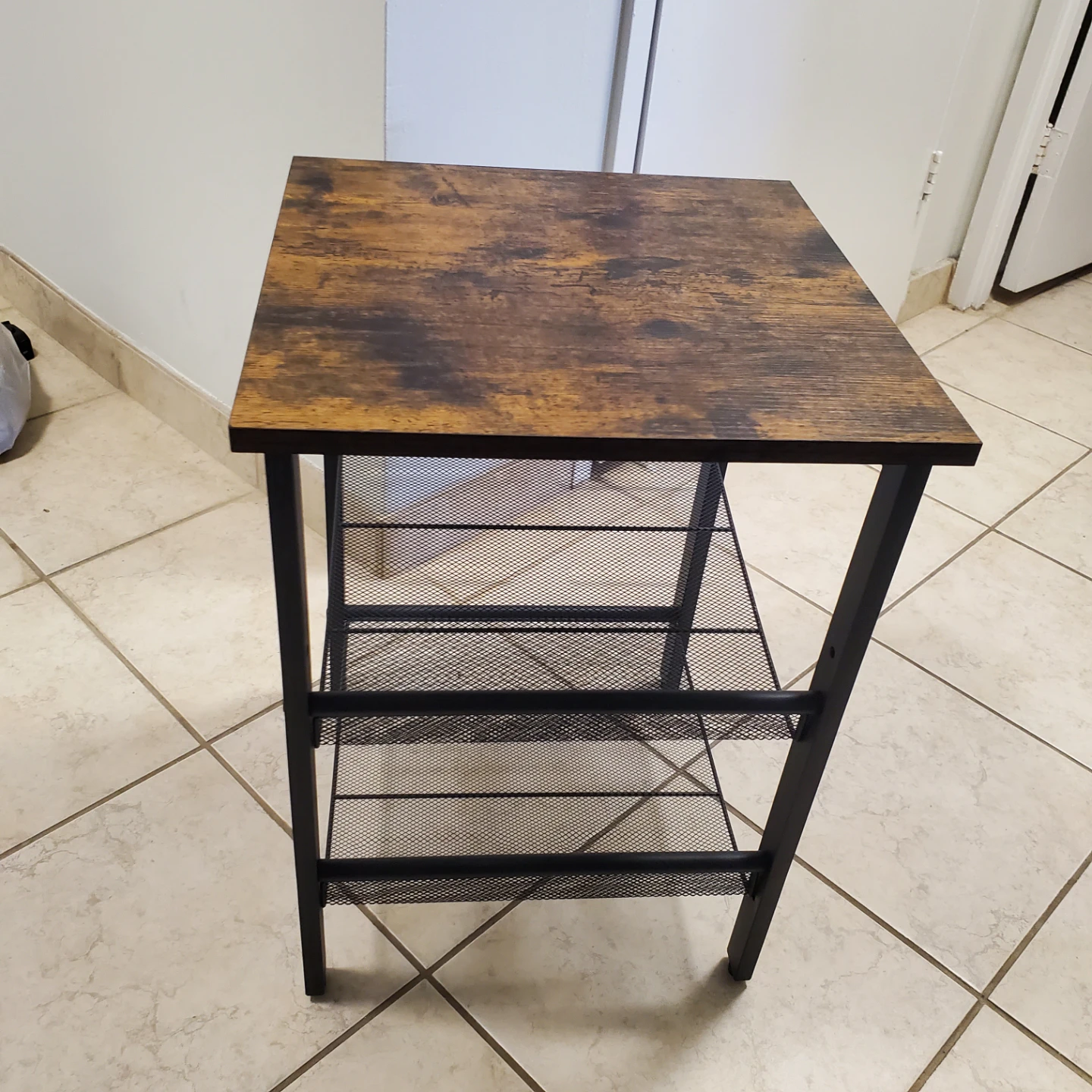 Rustic Wood Grain Side Table with Mesh Shelves