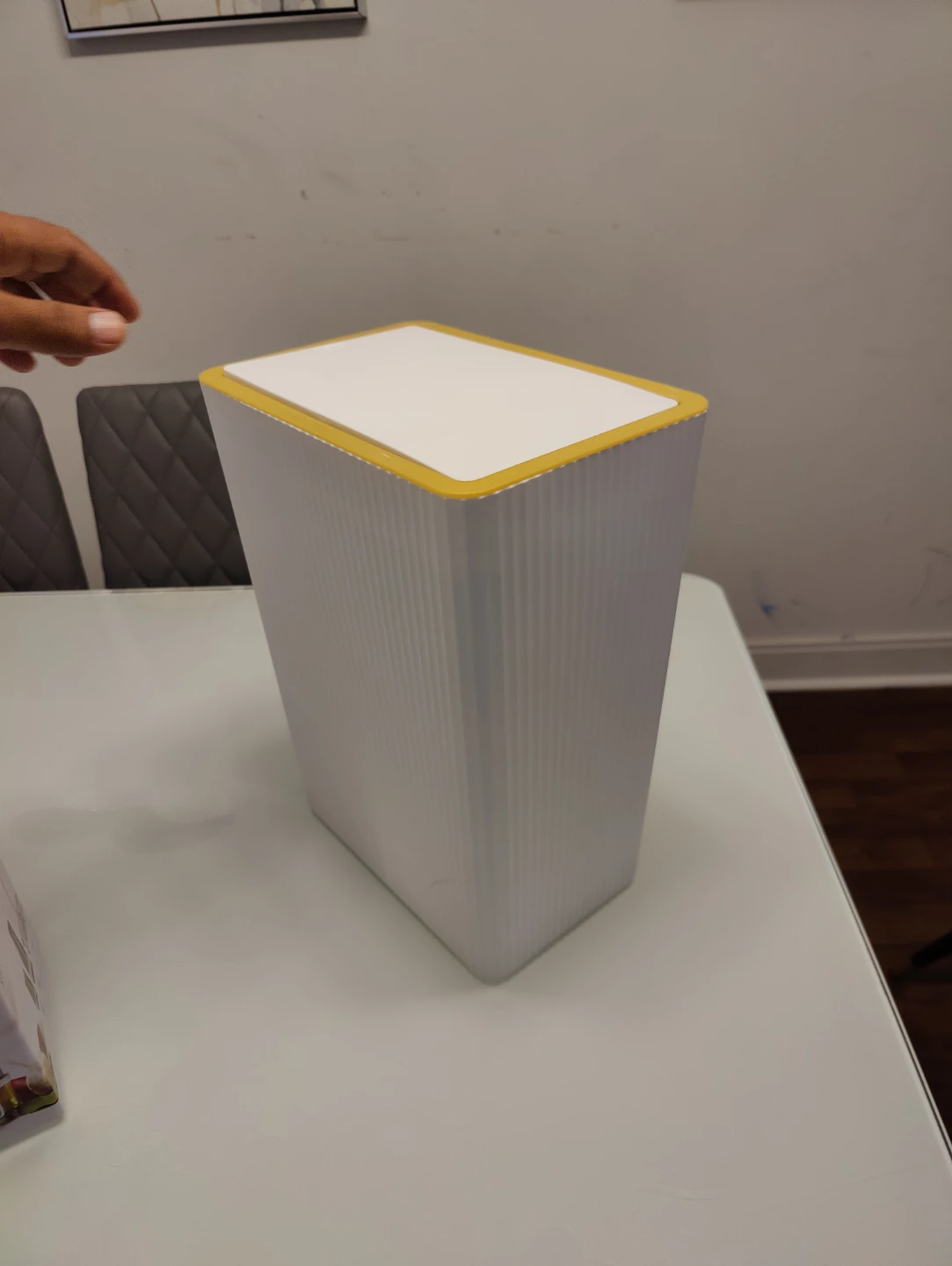 White Rectangular Trash Can with Yellow Trim