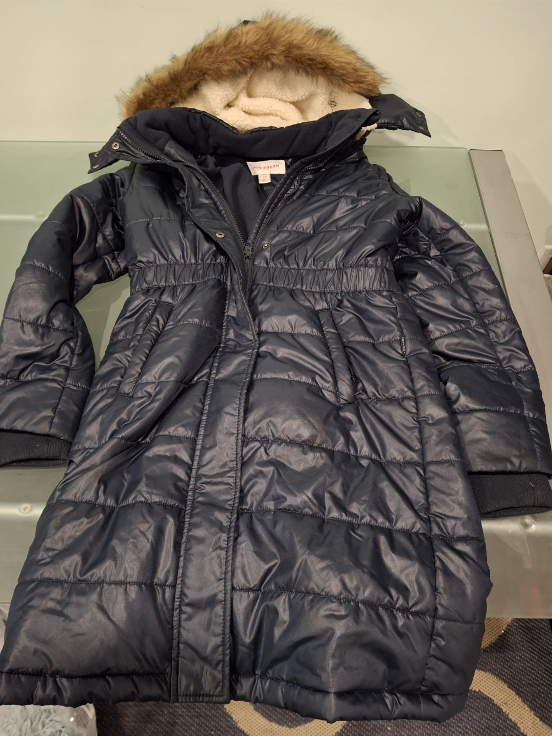 Joe Fresh Navy Puffer Coat with Faux Fur Hood - Size 7/8