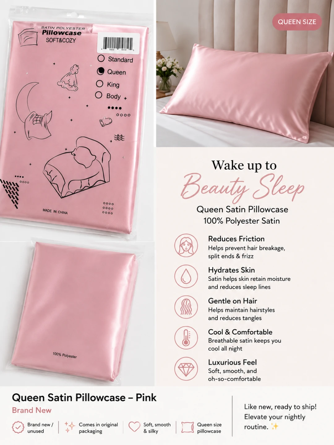 New Queen Satin Pillowcase - Pink