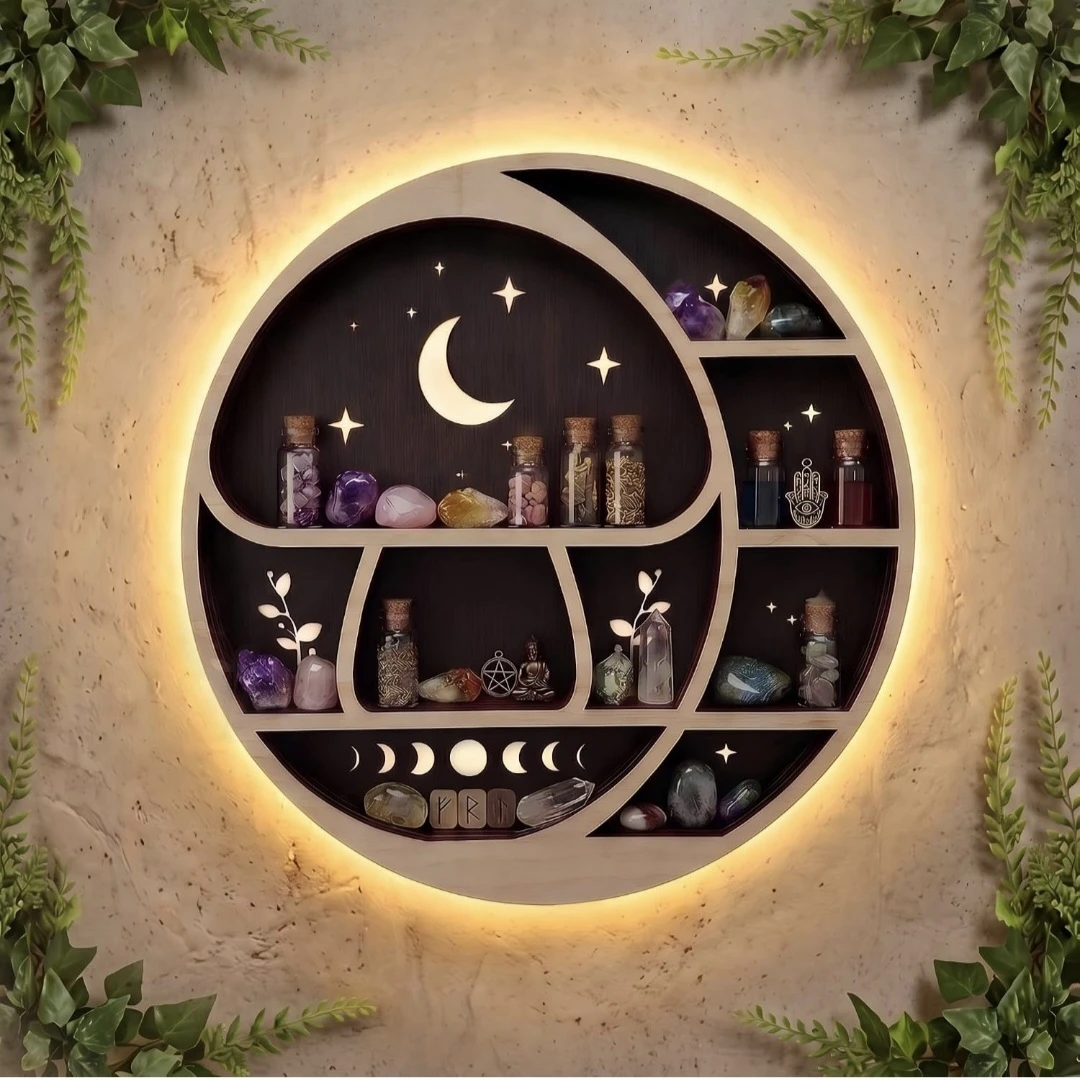 Celestial Moon Phase Display Shelf with LED Light