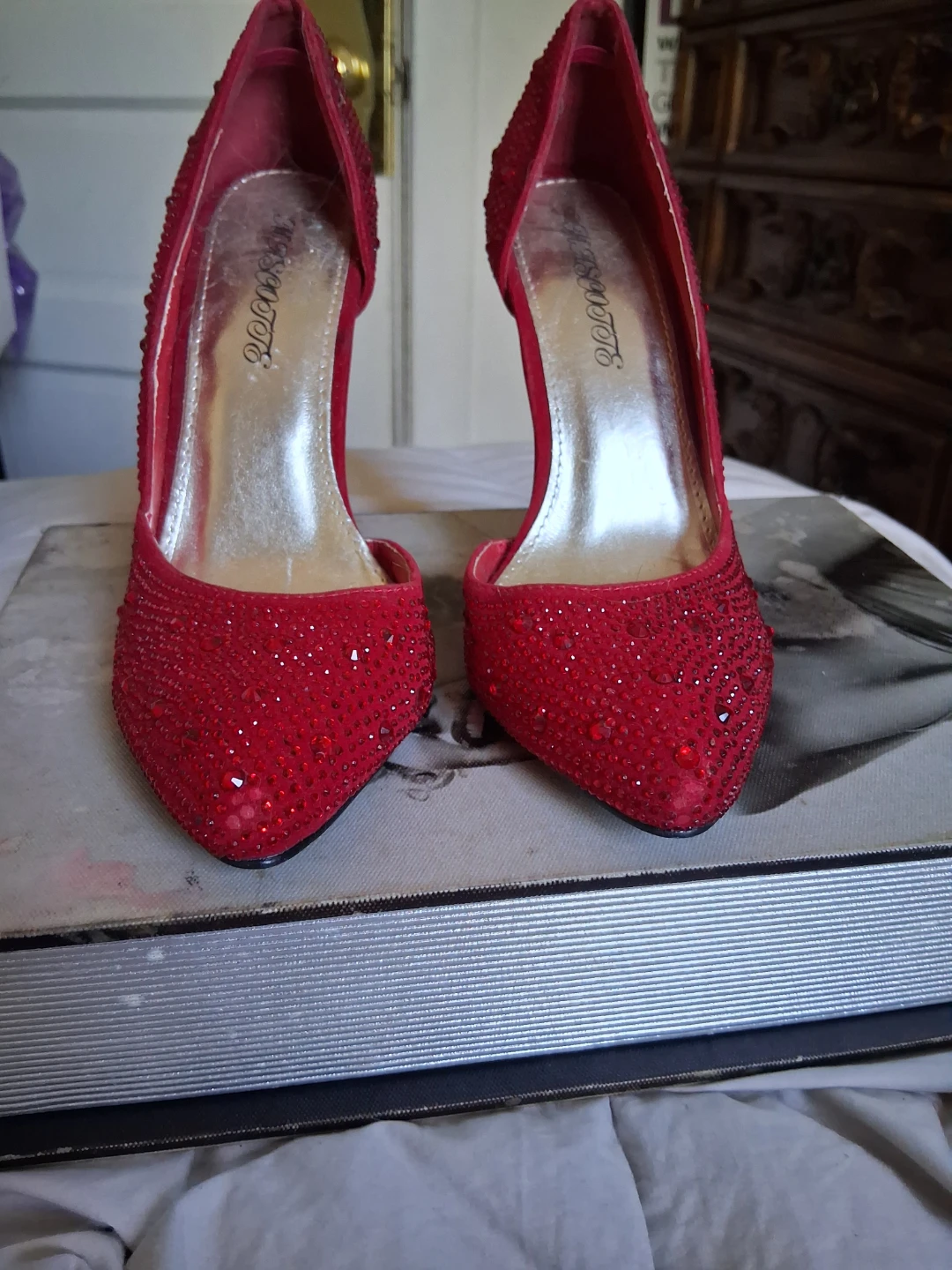 Red rhinestone heels party/prom shoes.