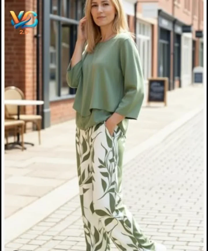 Women's Green Leaf Print Two-Piece Set