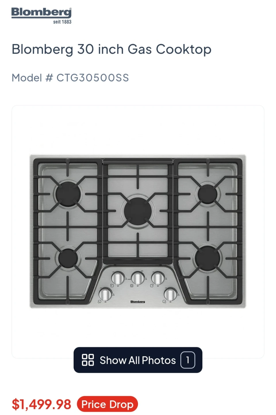 Blomberg 30 inch Gas Cooktop CTG30500SS - photo 2