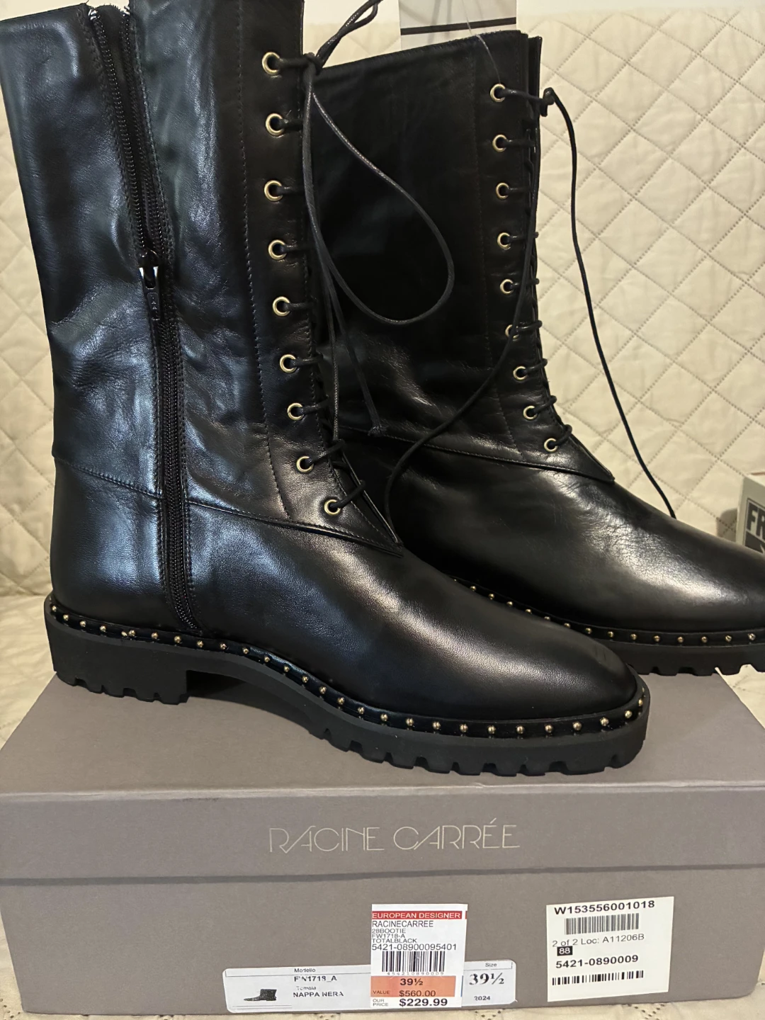 RACINE CARRÉE Black Leather Studded Lace-Up Boots