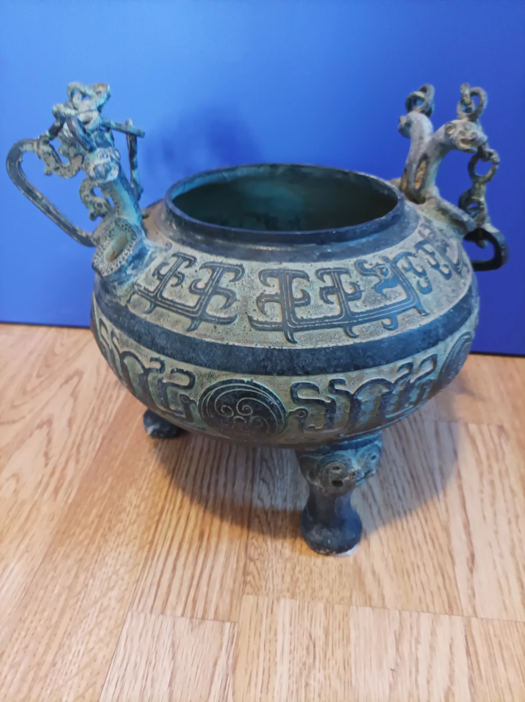 Vintage Bronze Incense Burner Urn with Dragon Handles