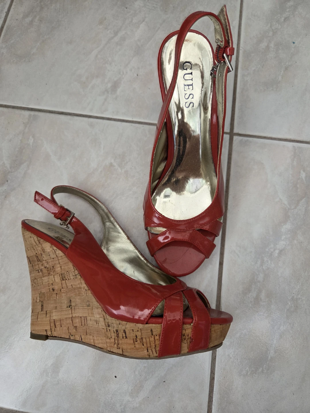 Guess Orange Patent Wedge Sandals Size 7M