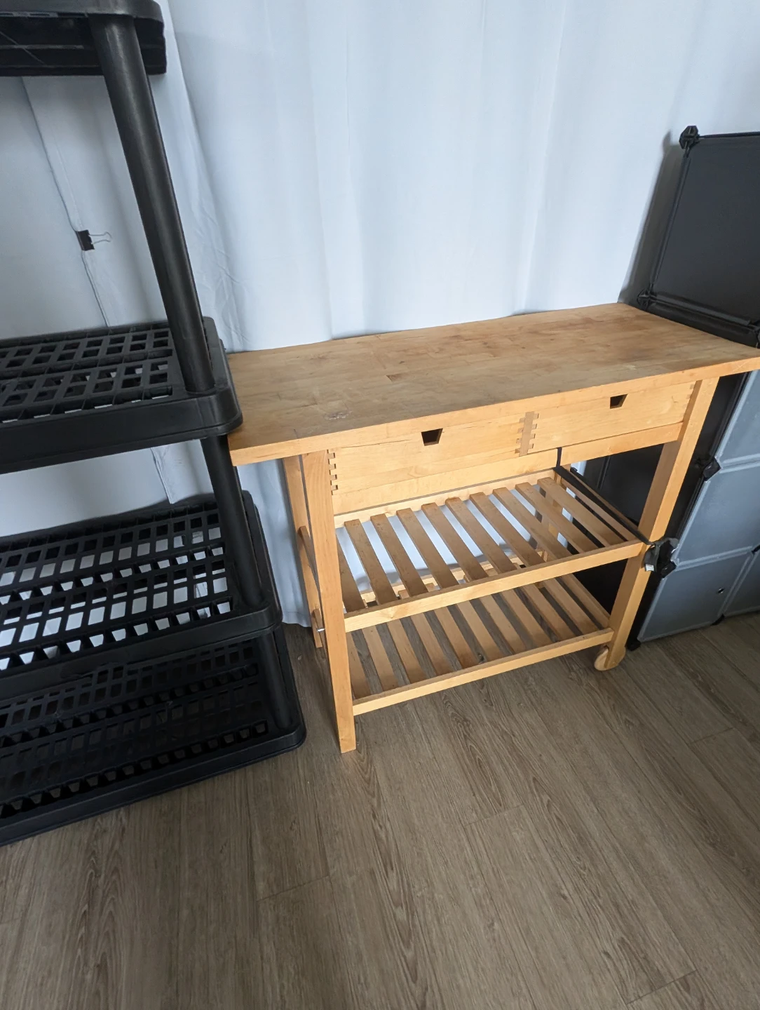 Plastic rack, IKEA wobbly kitchen table, and plastic rack - photo 2