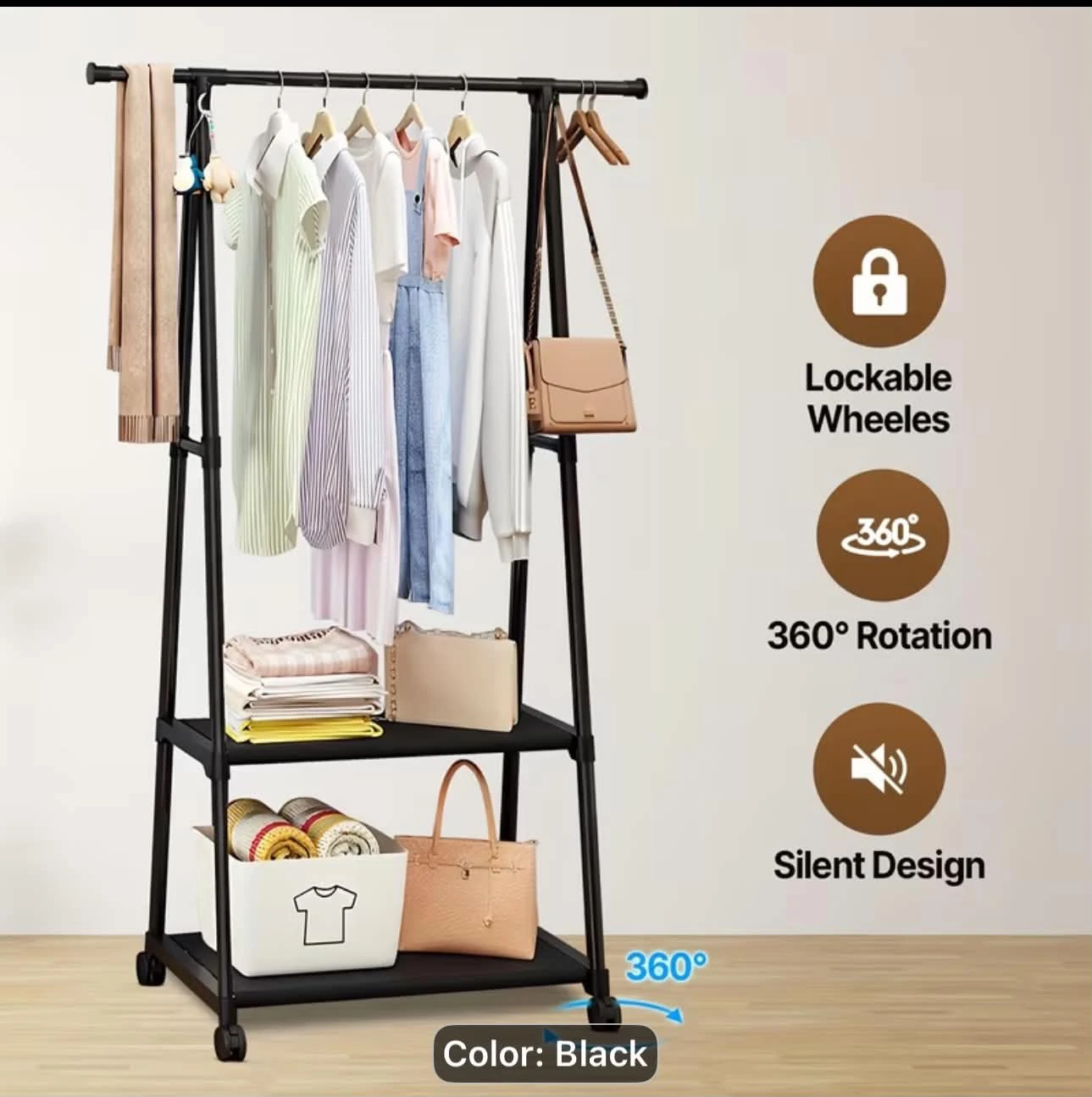 Black Rolling Garment Rack with 2 Shelves - photo 4