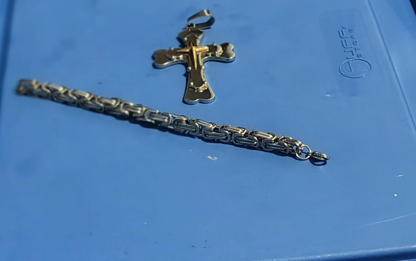 Silver Tone Cross Pendant and Chain Bracelet Set