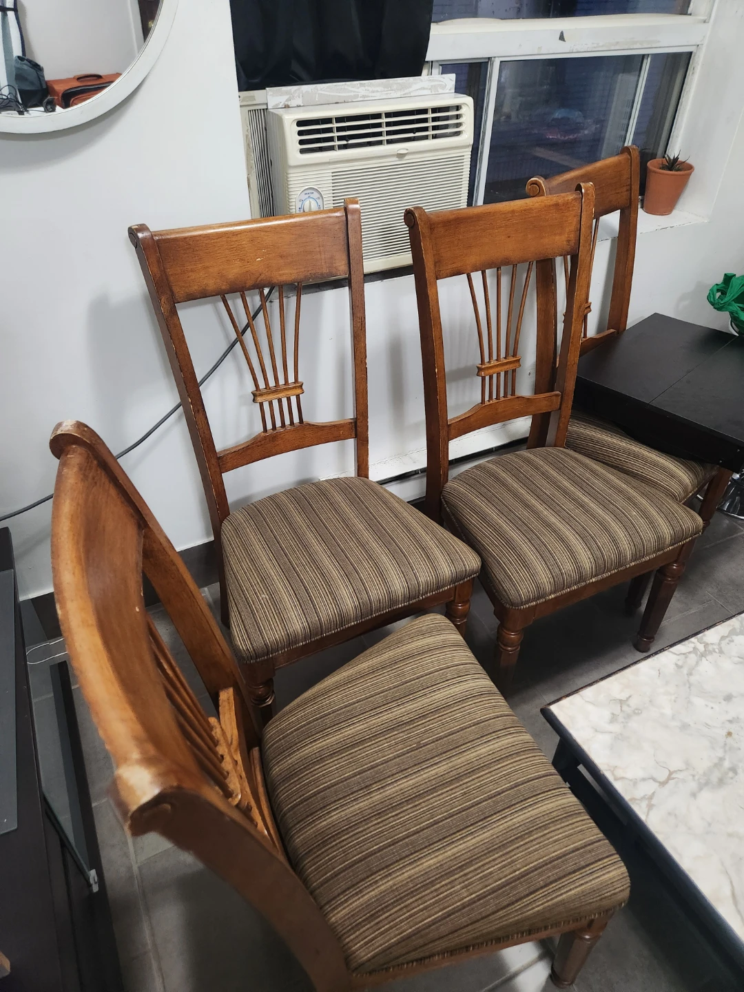 4 Wooden Dining Chairs with Striped Upholstery