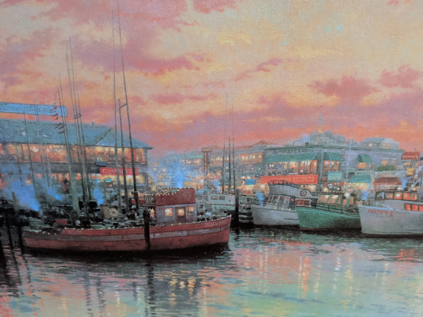 Framed Seascape Painting with Boats at Sunset - photo 2