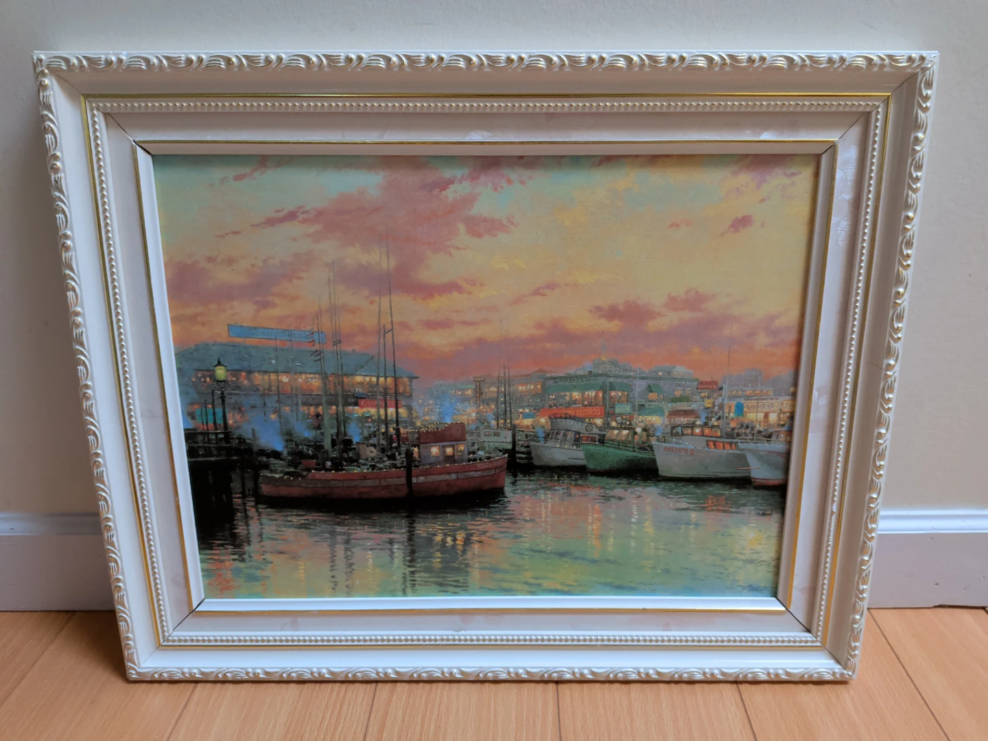 Framed Seascape Painting with Boats at Sunset - photo 3
