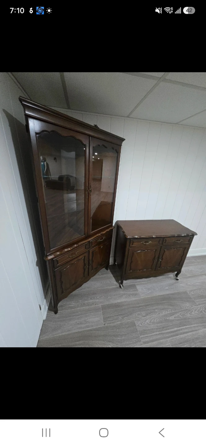 Vintage China Cabinet with Drawers,  Matching side table