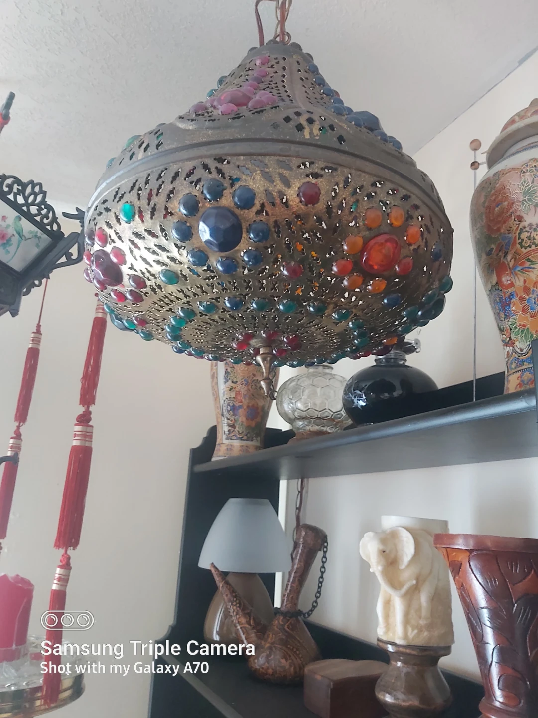 Syrian Brass and Glass Swag Lamp - photo 3