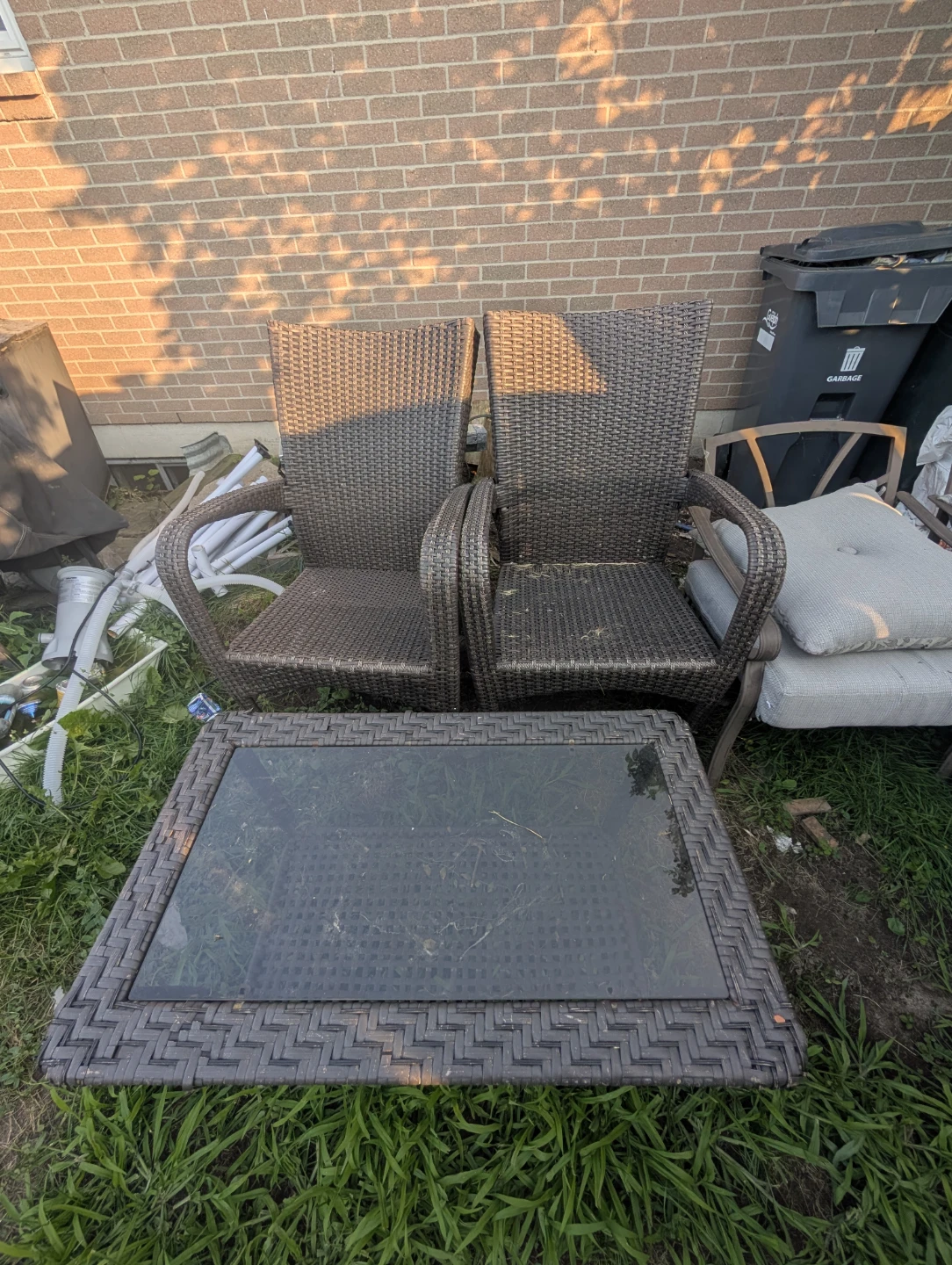 Wicker patio chairs and coffee table