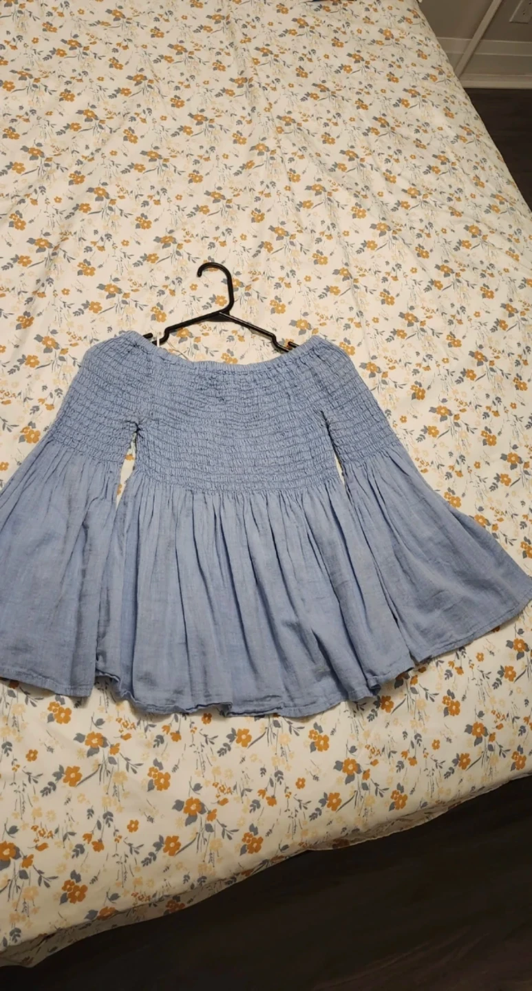 Blue Smocked Off-the-Shoulder Blouse with Bell Sleeves