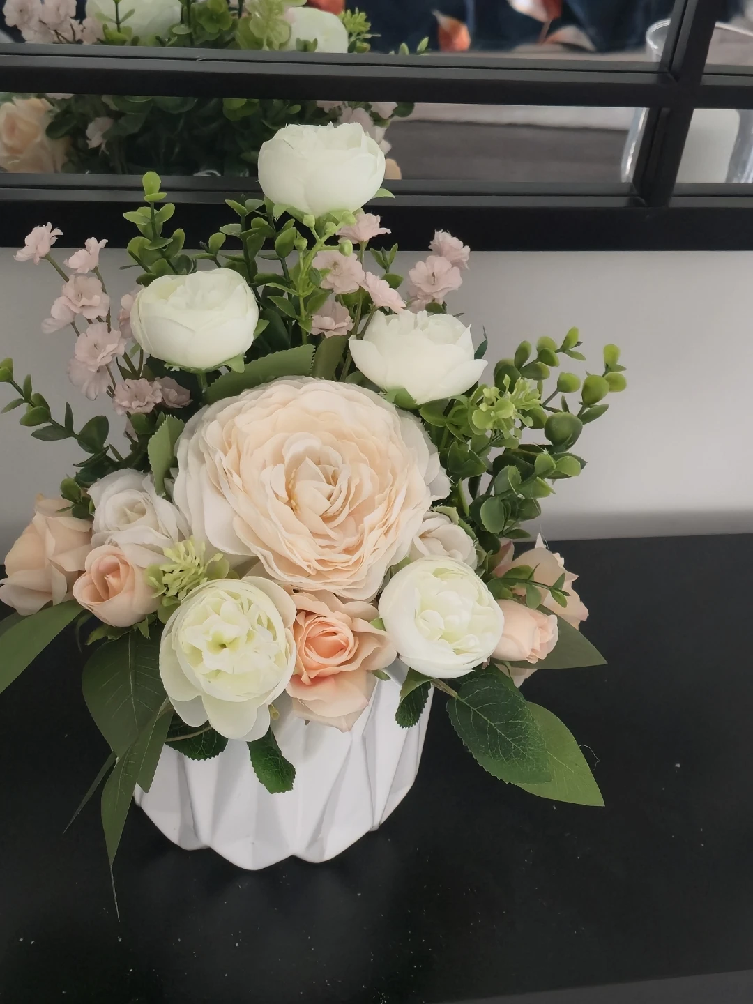 Artificial Flower Arrangement in White Geometric Vase