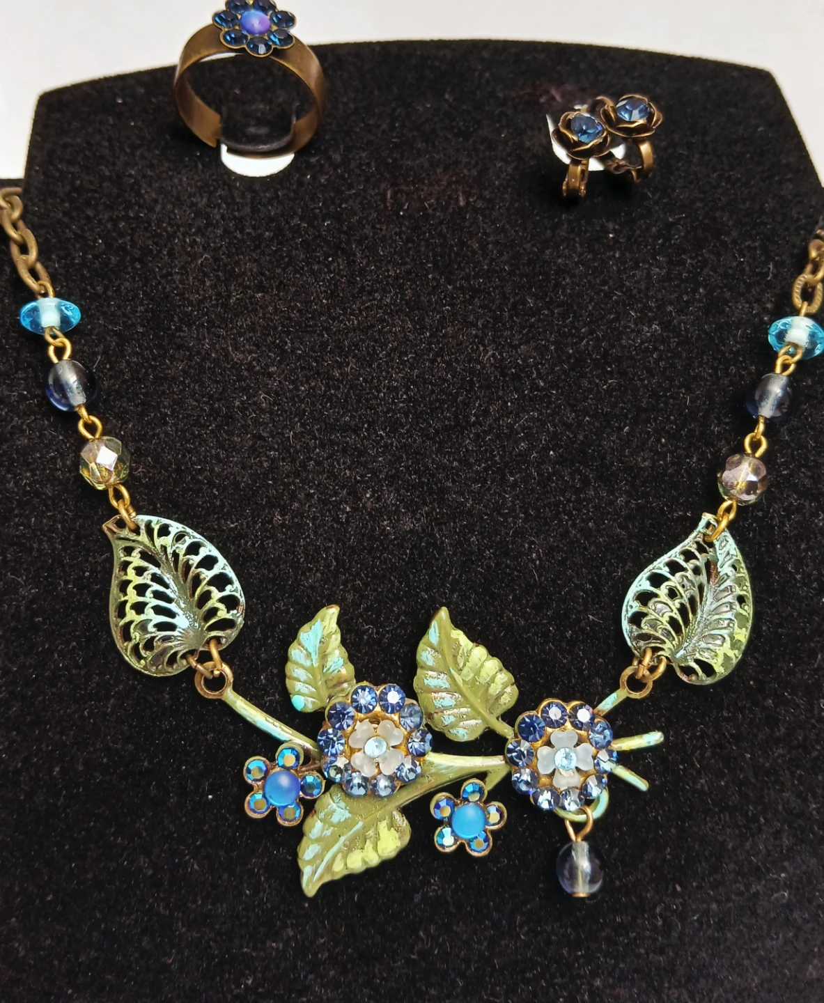 Blue Floral Necklace, Ring, and Earrings Set