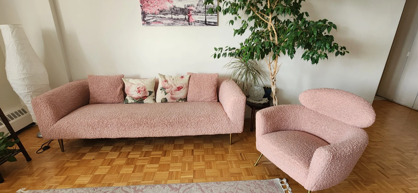 Elegant Blush Pink Bouclé Sofa & Accent Chair Set