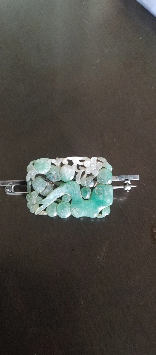 Jade Carved Brooch with Sterling Silver Clasp