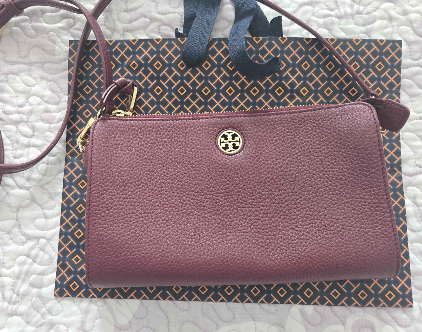 Tory Burch Burgundy Leather Double Zip Crossbody Bag