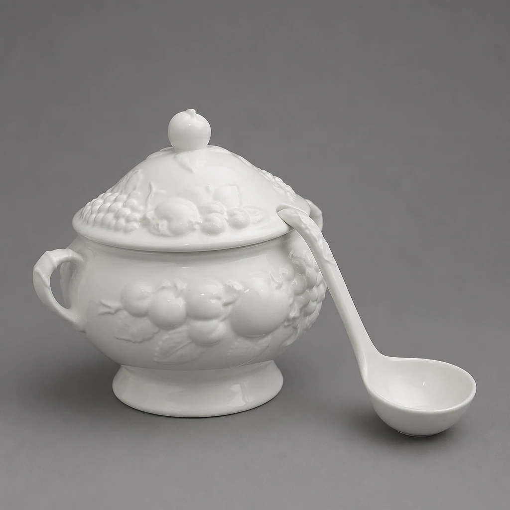 Vintage White Ceramic Footed Soup Tureen with Lid and Ladle