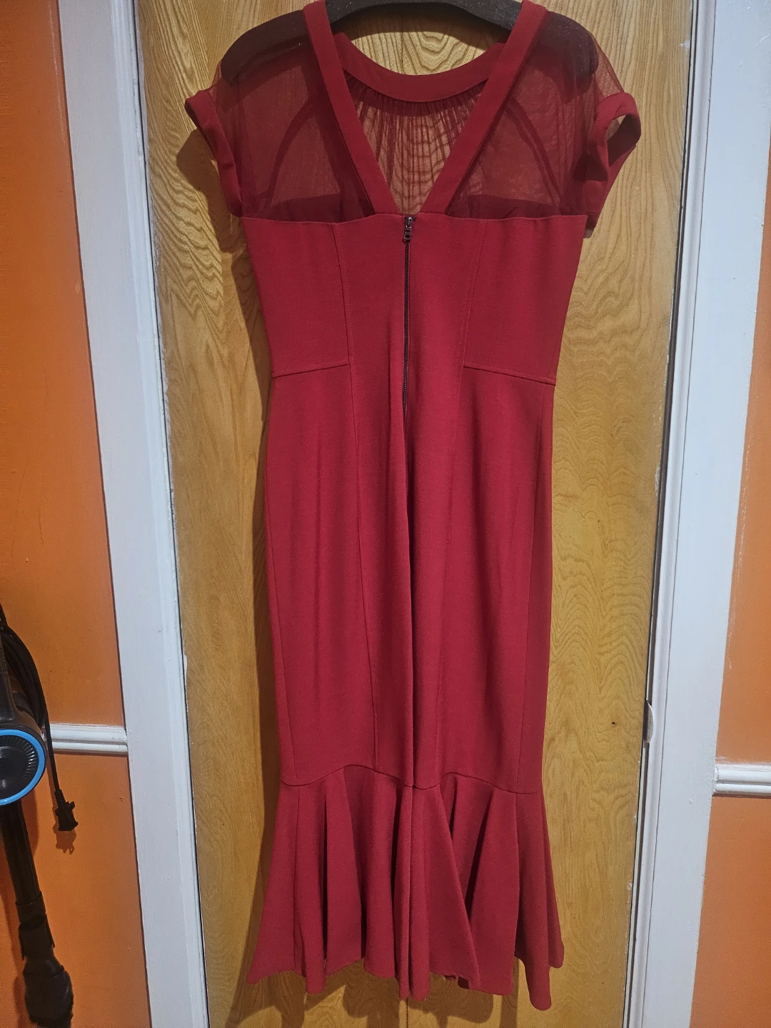Maggy London Red Mesh Detail Fishtail Dress