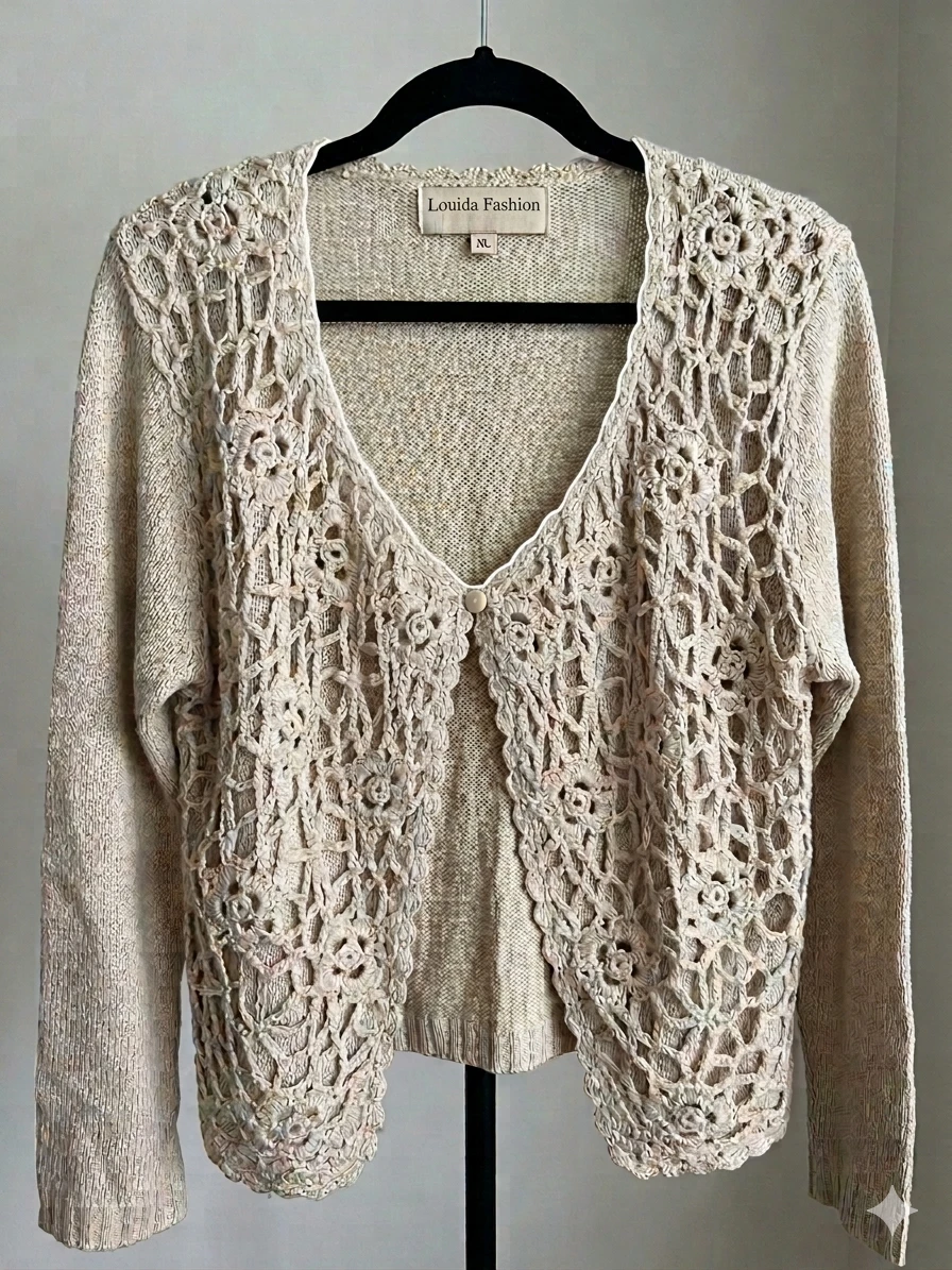 LOUIDA Fashion Beige Crochet Cardigan