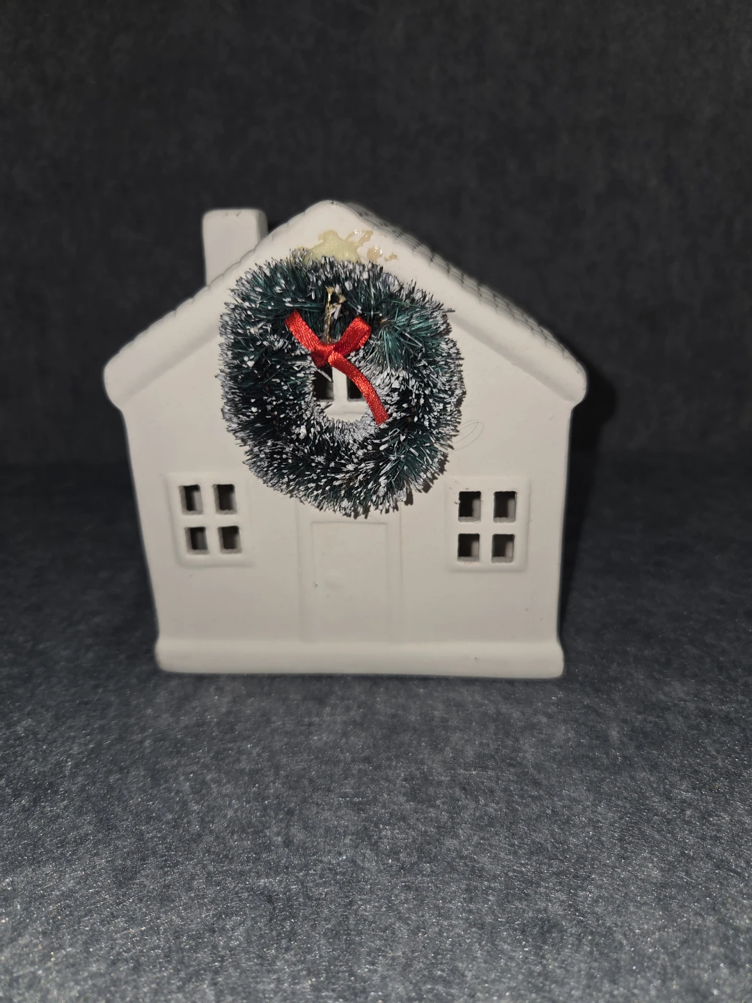 White Ceramic House Figurine with Wreath