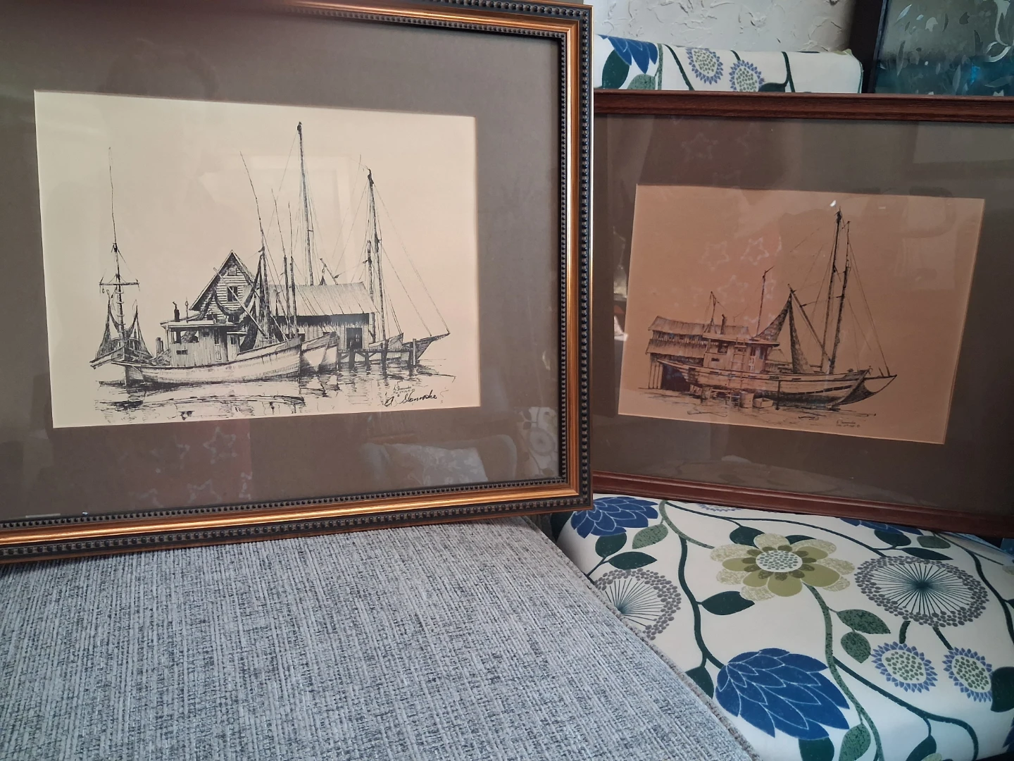 Framed "Boats at Dock" Sketch by A. Shemroske - Feb 1969