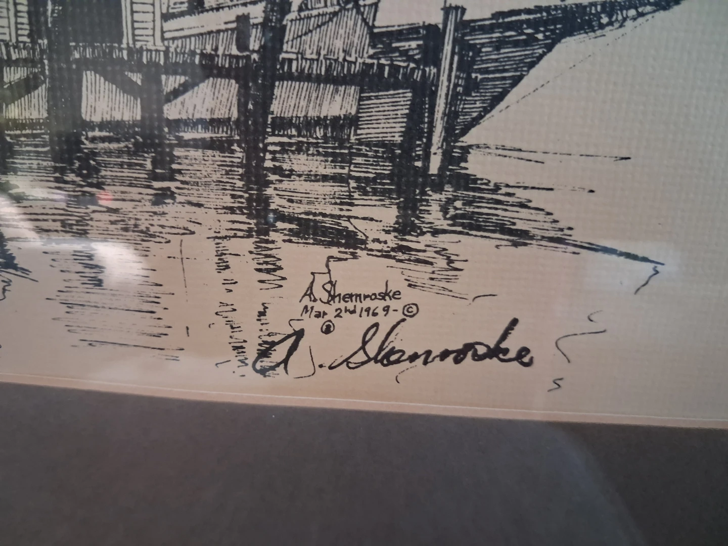 Framed "Boats at Dock" Sketch by A. Shemroske - Feb 1969 - photo 2