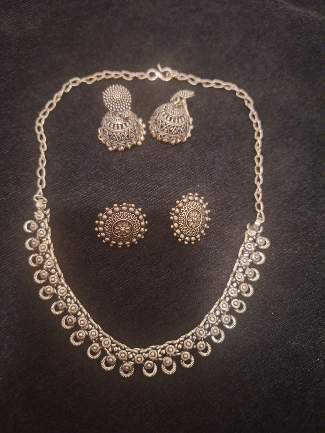 Silver-Tone Jhumka Earrings (2) and Necklace Set