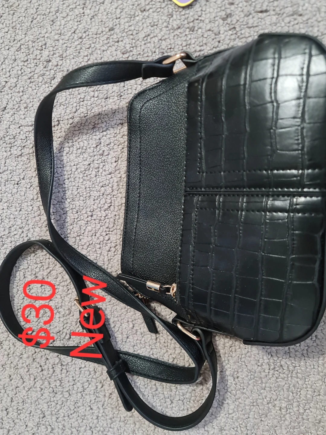 Black Faux Leather Croc-Embossed Shoulder Bag