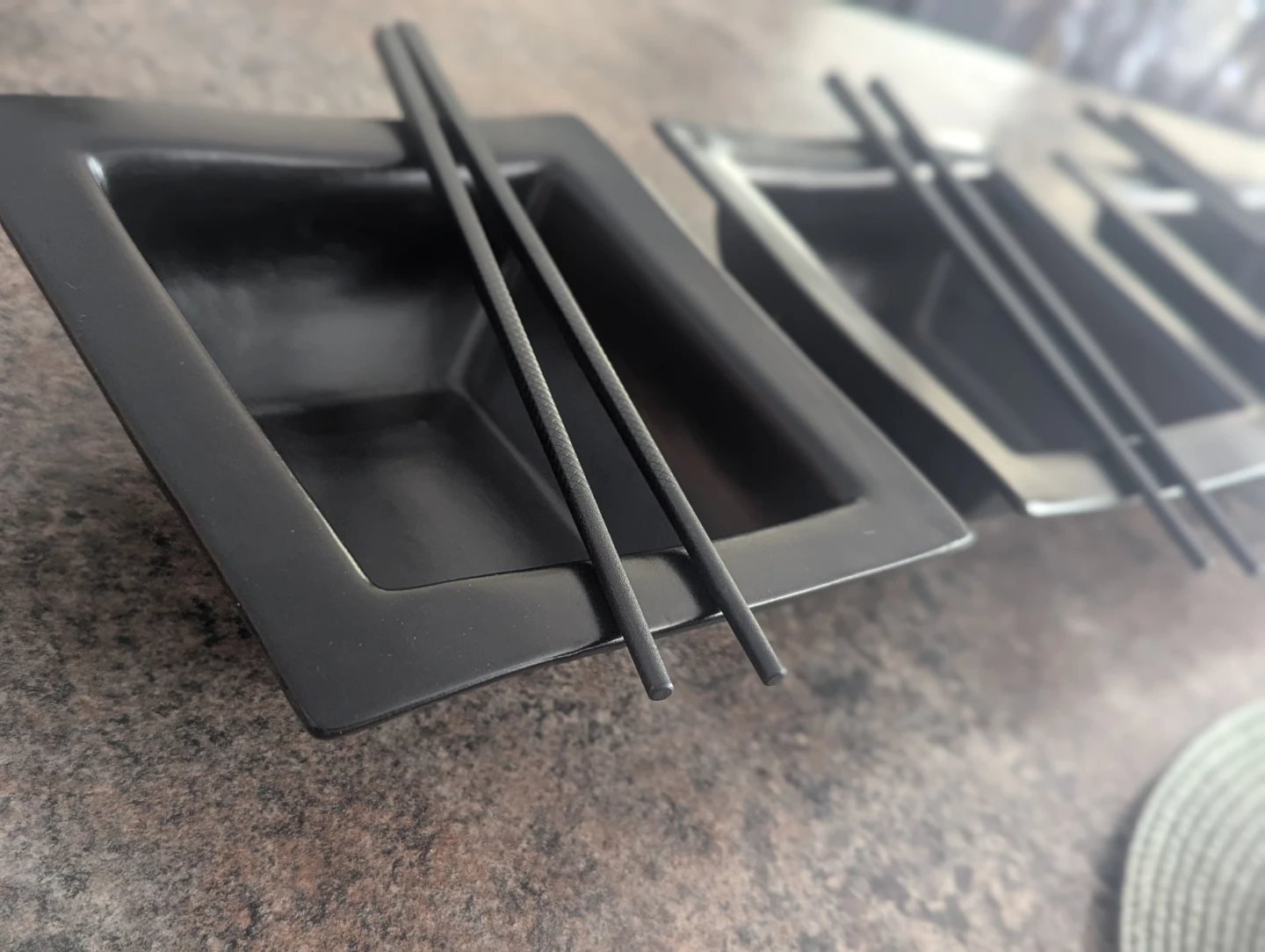 Set of 3 Black Square Bowls with Chopsticks - photo 3