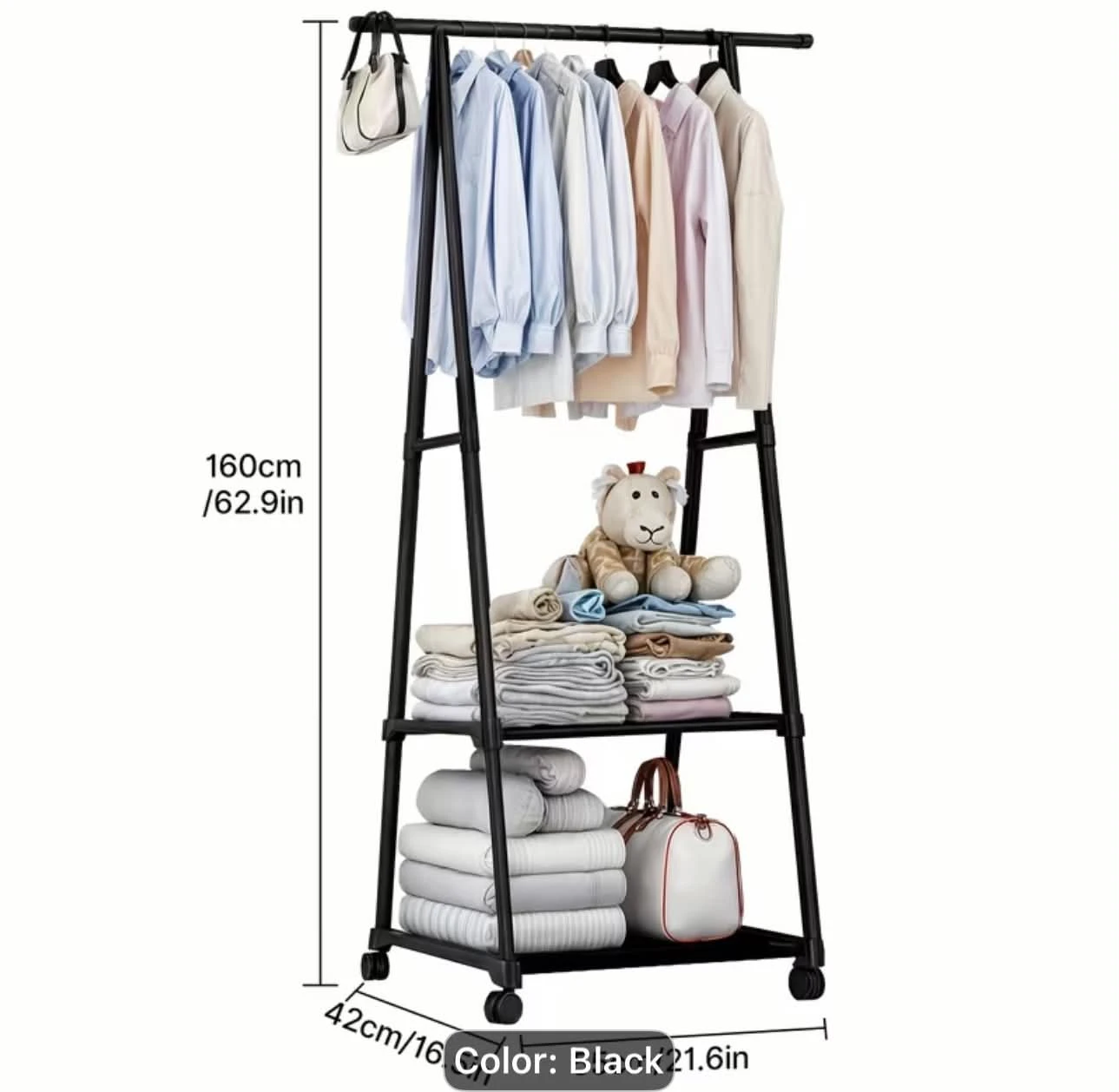 Black Rolling Garment Rack with 2 Shelves - photo 5