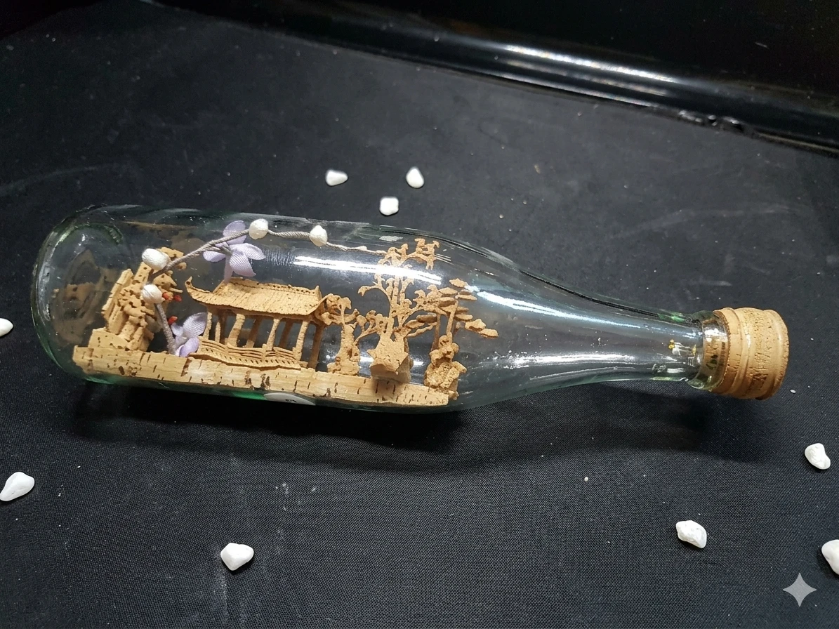 Vintage Chinese Cork Carving Diorama in Glass Bottle